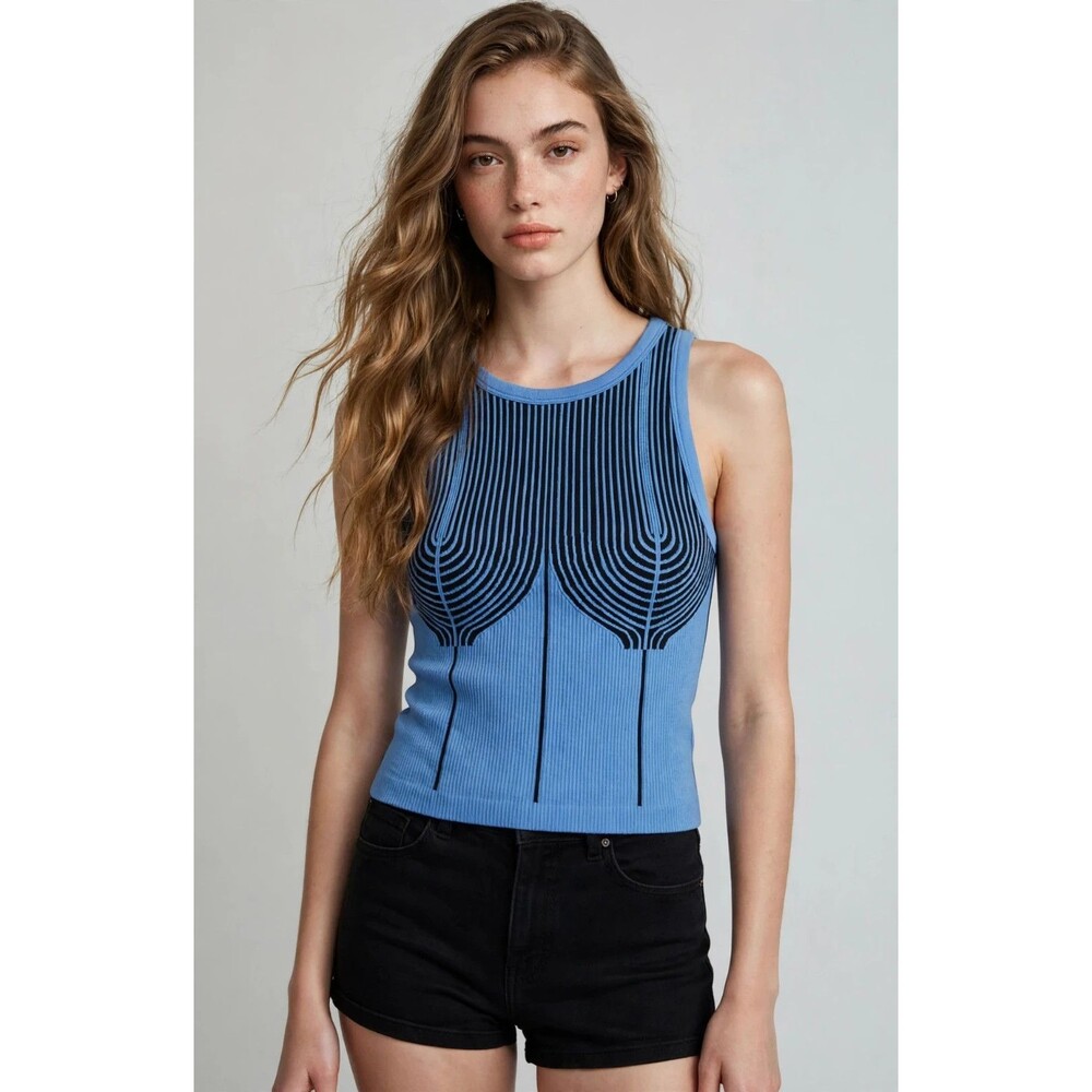 NWT Y2K Retro Knit Tank Top Womens Blue Black Geometric Arch Racerback S/M